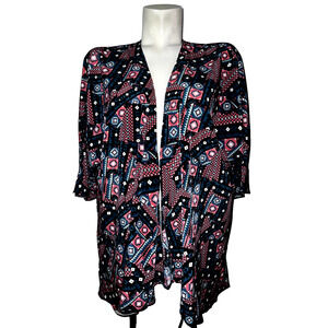 LULAROE Top Women's Size M Teal Blue Pink Aztec Open Cardigan Kimono Cover Up